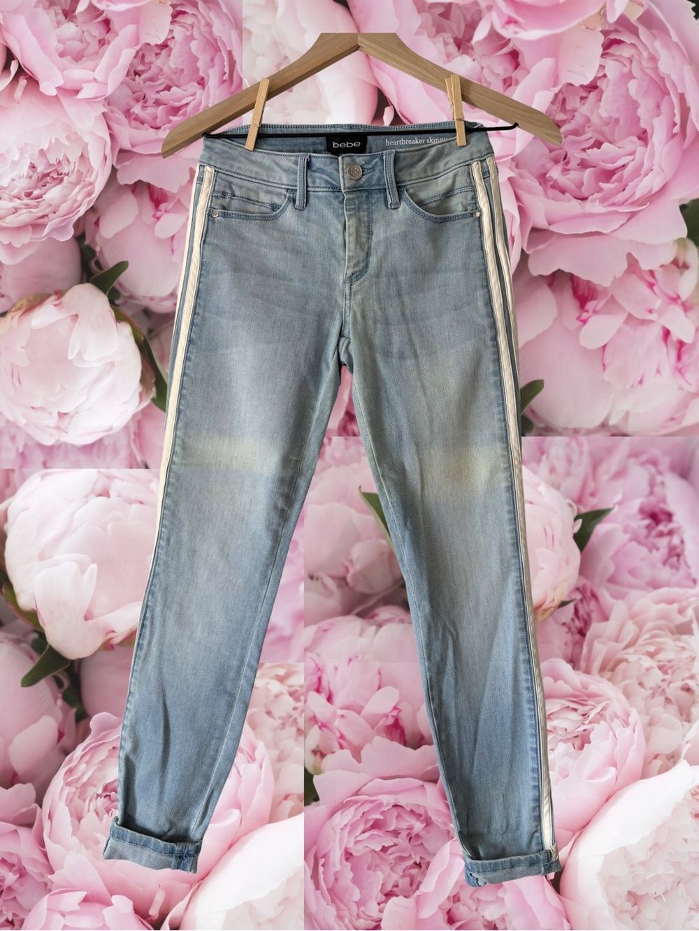 Bebe Lightwash Skinny Denim Jeans with Pleather Side Stripes